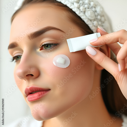 Woman applying anti acne master pimple patch with hydrocolloid dressing. Close up, 4k footage.