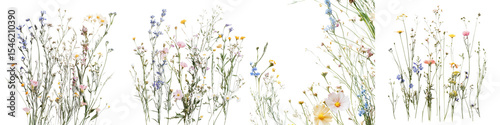 set of Clusters of ornamental meadow grasses gently scattered with blooming flowers, on a transparent backgrounds