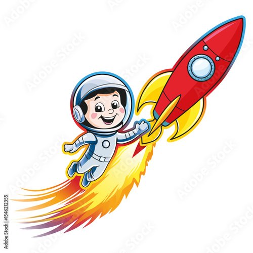Cartoon colorful space art featuring astronaut and rocket isolated on transparent background