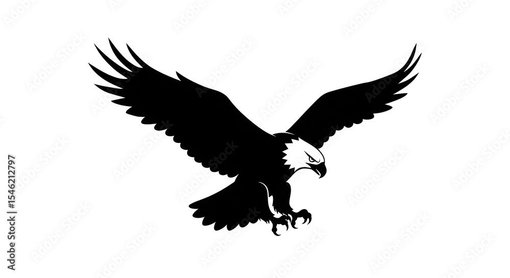 Fototapeta premium Majestic bald eagle in flight, wings outstretched, preparing to land.