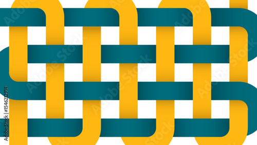 Abstract interlocking shapes background. Colorful woven ribbon texture in yellow and teal