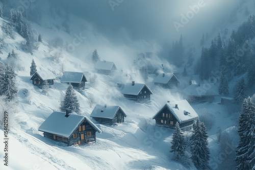 Small houses nestled in a snowy mountain village.