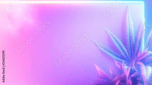 Luminous neon pink, purple, and blue cannabis leaves appear with a bright neon rectangular border and pink paper sheet in the background; ideal for designing cards or templates
