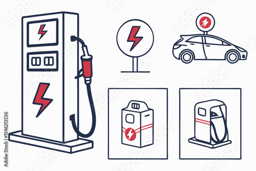 Electric car charging station icons isolated on white background