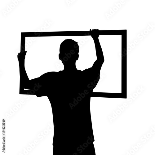Man holding a frame and standing in silhouette against white background  