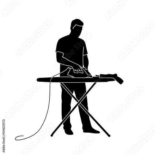 Man ironing clothes with steam iron at home in minimalist style  