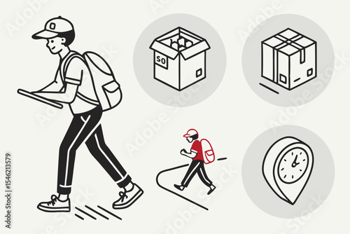 Delivery man with packages and location pin isolated on white background