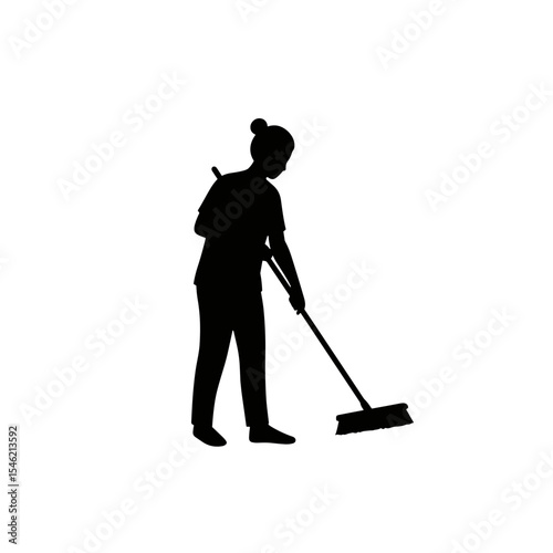 Woman cleaning floor with broom in silhouette style  