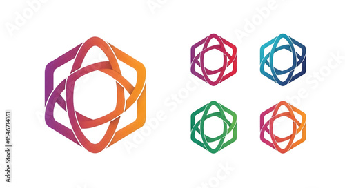 Colorful Geometric Icon Set Hexagon and Orbits on Transparent Background