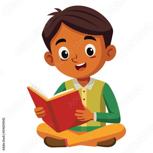 Indian boy calmly reading a textbook, focused on absorbing knowledge.