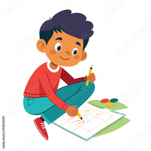 Indian boy sketching diagrams on paper, illustrating concepts with precision.