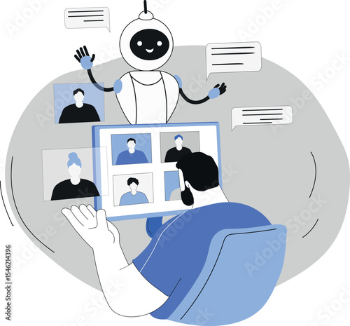 Modern AI assistant interface illustration. Futuristic chatbot with digital face, voice recognition waves, neural network connections and virtual help window. Intelligent artificial intelligence suppo