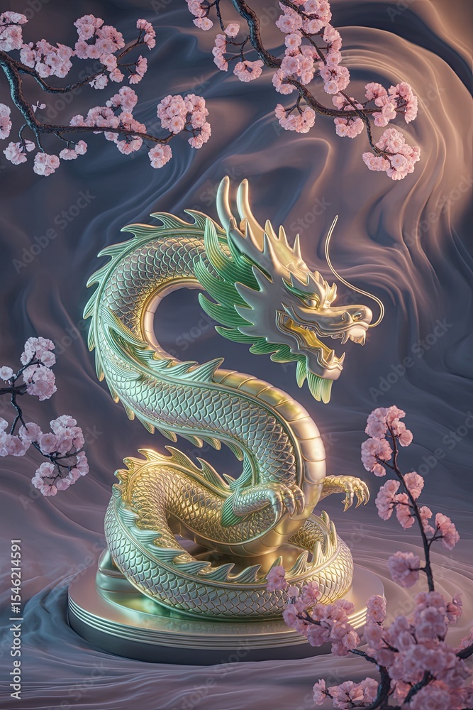 Obraz premium A majestic golden-green dragon sculpture coiled on a pedestal, surrounded by cherry blossoms and silky surreal fabric – AI Generated Digital Art