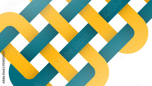 Abstract interlocking shapes background. Colorful woven ribbon texture in yellow and teal