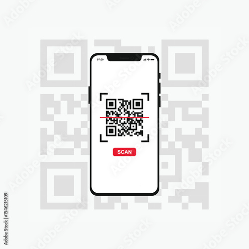 Smartphone scanning QR code with red scan line, mobile payment, digital check-in, contactless technology, flat vector illustration on white background.