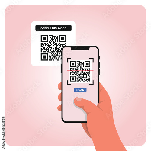 Hand holding smartphone scanning QR code, digital payment or check-in concept, modern flat design vector illustration.
