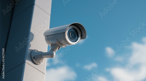 Modern surveillance camera mounted outdoors, capturing clear images against a blue sky and white clouds.