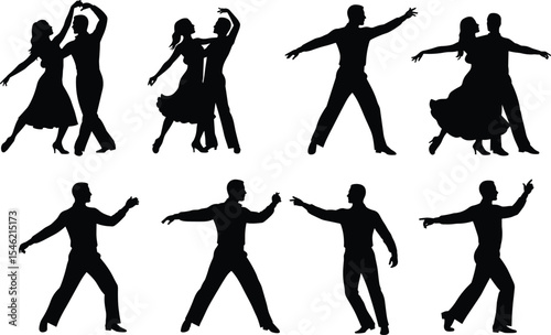 Ballroom dance silhouette vector set, couple dancing and solo male dancer poses, elegant movement, black isolated figures for choreography, performance, tango, waltz, and salsa design