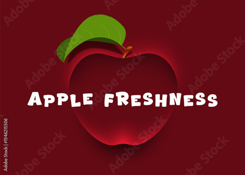 Vector minimalistic illustration of a red apple with a leaf, featuring soft shadows and a clean dark red red background. Perfect for food, health, and organic product concepts. Apple freshness text