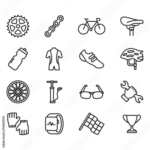 Cycling sport icon set. Thin line vector. Contains icons such as racing bike, chain, tire pump, championship, helmet and more.
