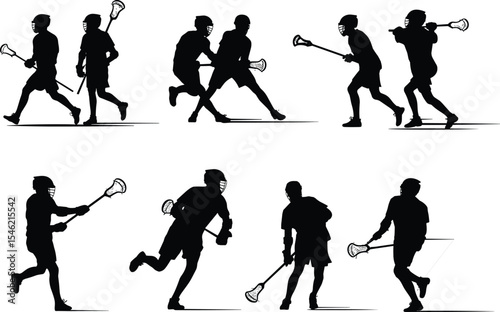 Lacrosse player silhouette vector set, black isolated sports figures in action poses with sticks and helmets, dynamic athletic movement for team game, competition, and training concept