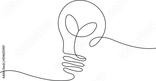 Eco-friendly light bulb line art, Continuous line of plant in light bulb, Continuous line drawing light bulb with leaf on a white background