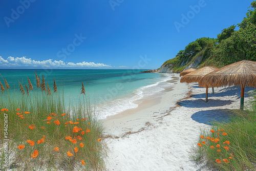 Thatched hut on beach with flowers.