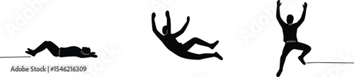 Silhouette of man falling, slipping and lying down, accident illustration, person in fall motion, danger pose, isolated vector design, human silhouette with dynamic action