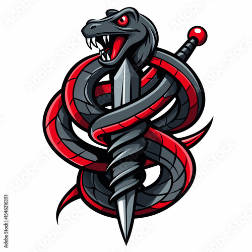 Aggressive black snake wrapped around dagger tattoo design