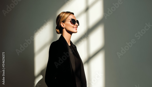 Elegant professional woman in black attire indoor fashion photography