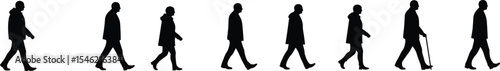 Silhouette of people walking in sequence, male figures in motion, elderly man with cane, walking illustration, human movement, side view poses, black vector design