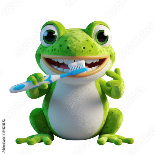 Lime Frog Brushing Teeth, on Transparent Background, Whimsical Icon
