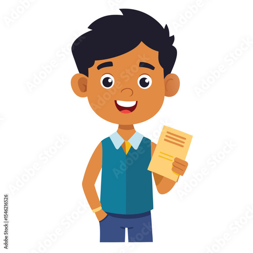 Indian student holding a report card, a serious expression about academic progress.