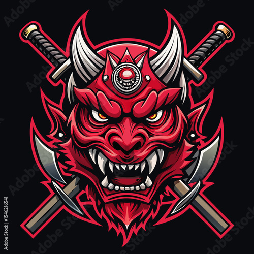 Fierce oni mask with crossed swords and axes