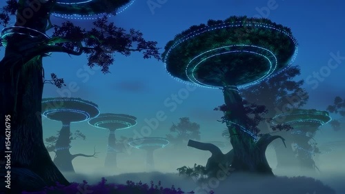 In a mystical forest, tree rings glow with shifting colors, symbolizing the passage of time. Abstract and immersive. 4K fantasy video. Generated AI.