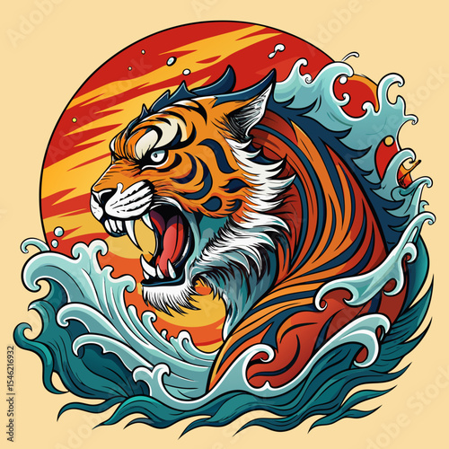 Roaring tiger head in japanese wave design