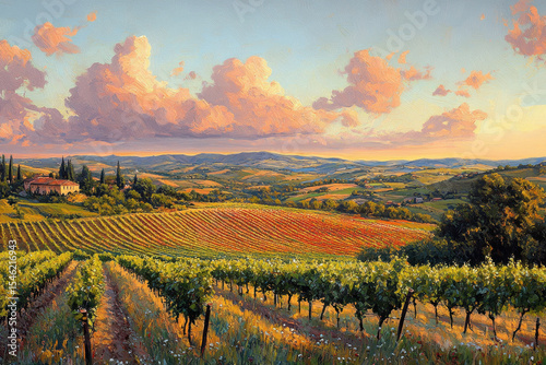 A painting of a vineyard in the hills.
