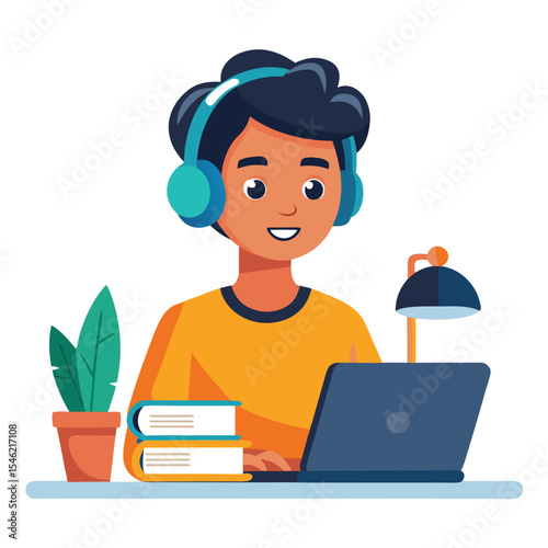 Indian student taking online classes, focused with headphones on and a laptop.