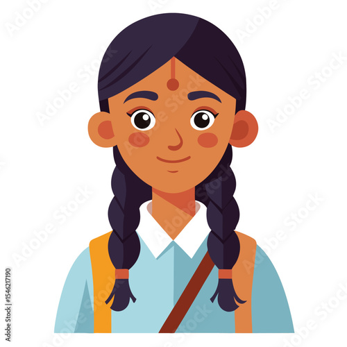 Indian student with neat braids and a school bag, standing confidently on a plain background.