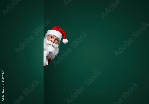 Santa Claus peeking from behind a wall with a finger on his lips, telling a secret. Christmas surprise concept with green background for copy space.