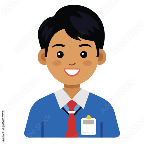 Cheerful Indian student in a neat school tie and ID card, smiling brightly with a friendly expression.