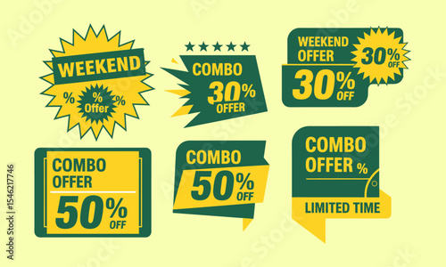 A collection of green and yellow badges for weekend and combo sale offers. set ideal for e-commerce websites,social media promotions, or print advertisements aiming to announce special deals & bundles