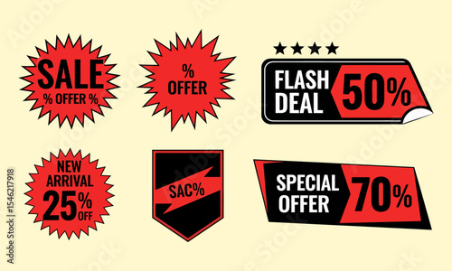  A collection of bold red and black tags for sales, flash deals, and special offers.Ideal for e-commerce, banners, print ads, and retail marketing to display various discounts.