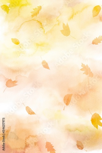 水彩画を背景に秋の葉っぱが舞い落ちる幻想的風景。黄色や茶色を使用した秋らしいイラスト。