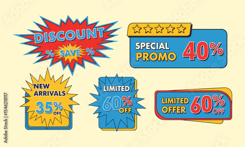  set of colorful and dynamic badges for discounts, special promos, and new arrivals.