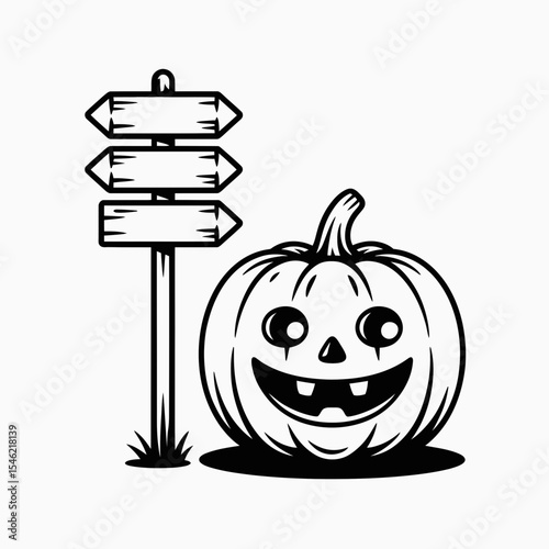 A cheerful jack-o'-lantern sits beside a wooden signpost with three directional arrows