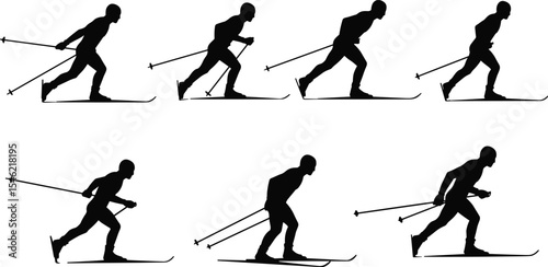 Silhouette cross-country skiers in motion, winter sport activity, ski poles, athletic movement, cold weather fitness, training in snow, isolated on white background, vector illustration artwork