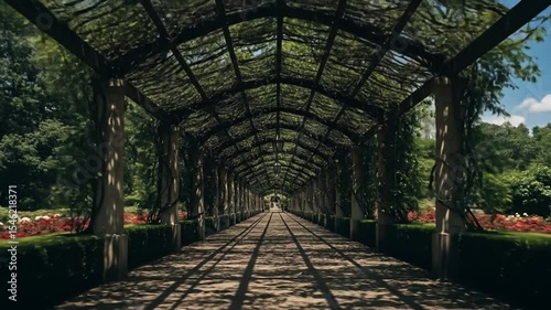 Vine-Covered Pergola Pathway in Lush Garden