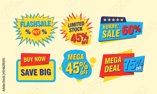 A collection of colorful and dynamic badges for flash sales, mega deals, and discounts.Ideal for e-commerce, banners, print ads, and retail marketing to display various discounts.