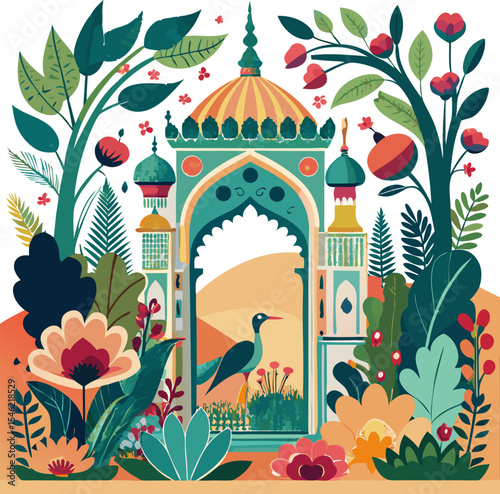 Mughal garden, arch, peacock, plant botanical landscape illustration. Traditional mughal garden arch forest wallpaper.